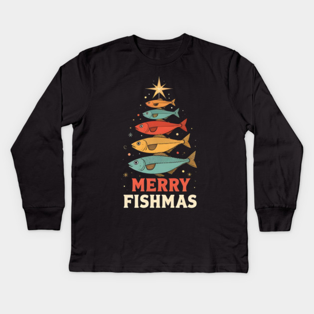 Merry Fishmas Funny Fisherman Christmas Retro Holiday Design Kids Long Sleeve T-Shirt by shirtlux