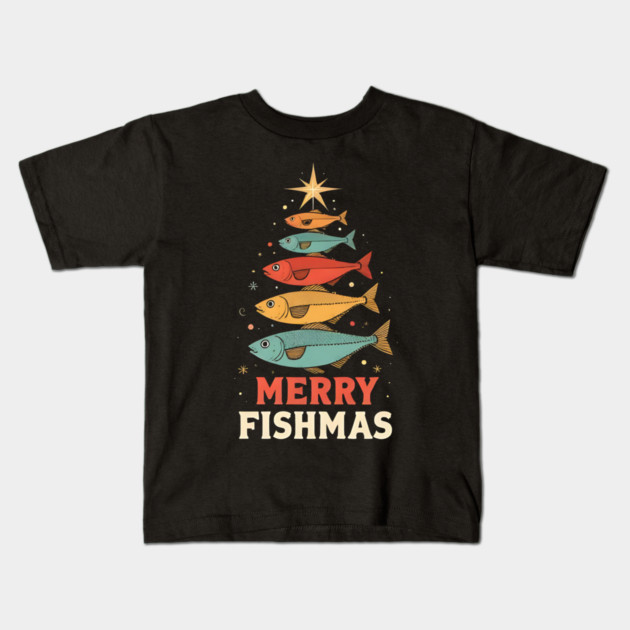 Merry Fishmas Funny Fisherman Christmas Retro Holiday Design Kids T-Shirt by shirtlux