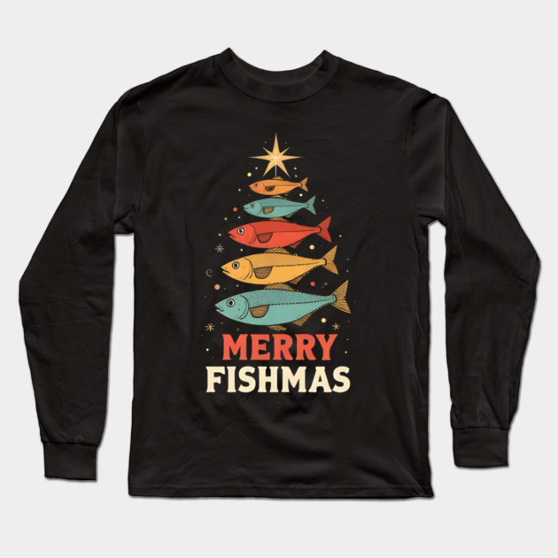 Merry Fishmas Funny Fisherman Christmas Retro Holiday Design Long Sleeve T-Shirt by shirtlux