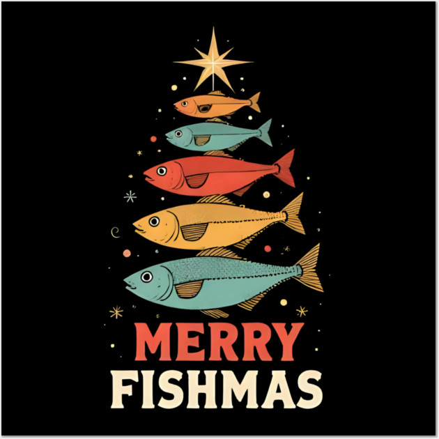 Merry Fishmas Funny Fisherman Christmas Retro Holiday Design Wall Art by shirtlux