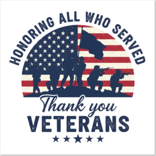 Honoring All Who Served | Thank You Veterans Day Patriotic American Flag Soldiers Design Posters and Art