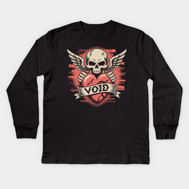 VOID of Love – Glitchcore Skull & Heart Kids Long Sleeve T-Shirt by Cosmo Gazoo