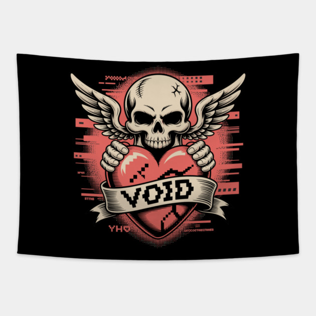 VOID of Love – Glitchcore Skull & Heart Tapestry by Cosmo Gazoo