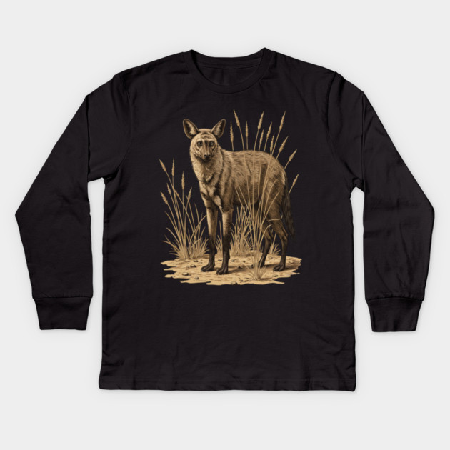 Aardwolf in Desert Grass Vintage Artwork Kids Long Sleeve T-Shirt by BirdsnStuff