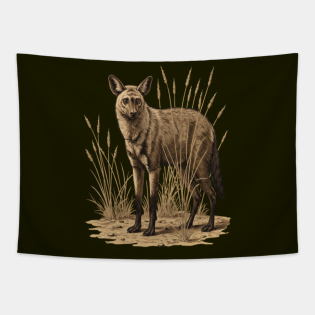 Aardwolf in Desert Grass Vintage Artwork Tapestry by BirdsnStuff