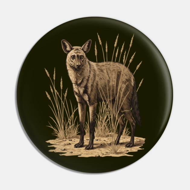 Aardwolf in Desert Grass Vintage Artwork Pin by BirdsnStuff
