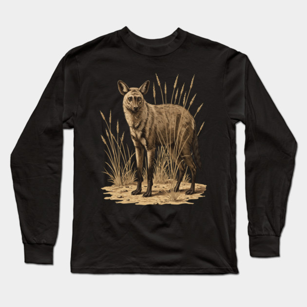 Aardwolf in Desert Grass Vintage Artwork Long Sleeve T-Shirt by BirdsnStuff