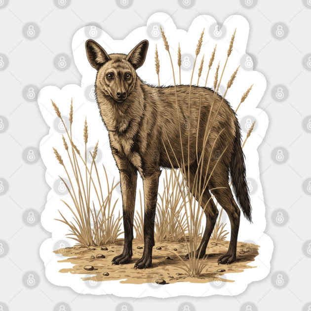 Aardwolf in Desert Grass Vintage Artwork Sticker by BirdsnStuff