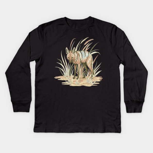Aardwolf in Soft Desert Grass Artwork Kids Long Sleeve T-Shirt by BirdsnStuff