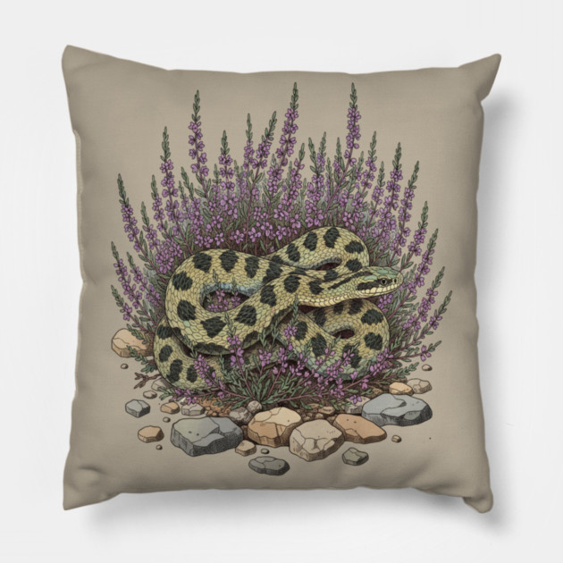 Adder in Heather Vintage Snake Artwork Pillow by BirdsnStuff