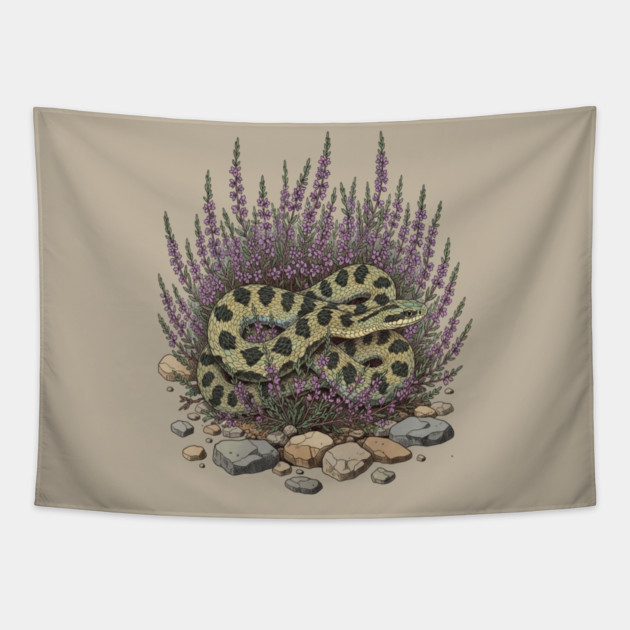 Adder in Heather Vintage Snake Artwork Tapestry by BirdsnStuff
