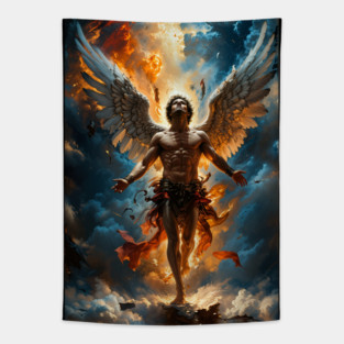 Angel Warrior With Massive Wings Ascends Through Fire, Storms, And Fiery Clouds Above Tapestry