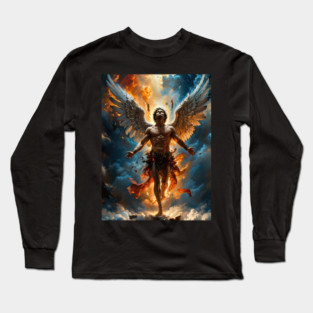 Angel Warrior With Massive Wings Ascends Through Fire, Storms, And Fiery Clouds Above Long Sleeve T-Shirt