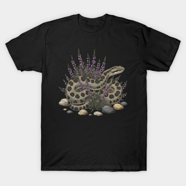 Adder Among Heather and Rocks Artwork T-Shirt by BirdsnStuff