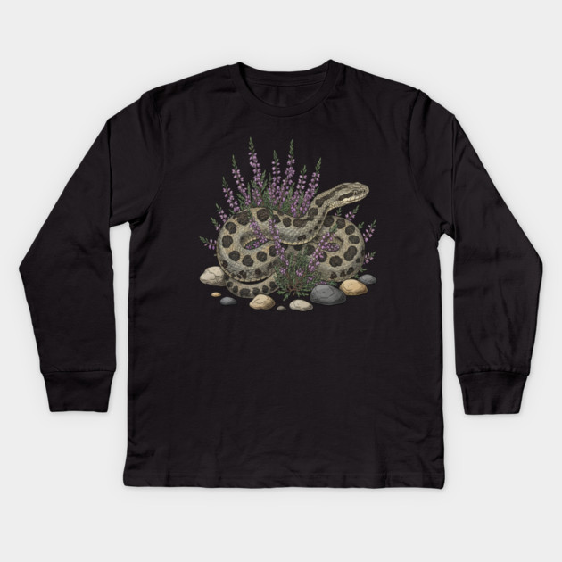 Adder Among Heather and Rocks Artwork Kids Long Sleeve T-Shirt by BirdsnStuff