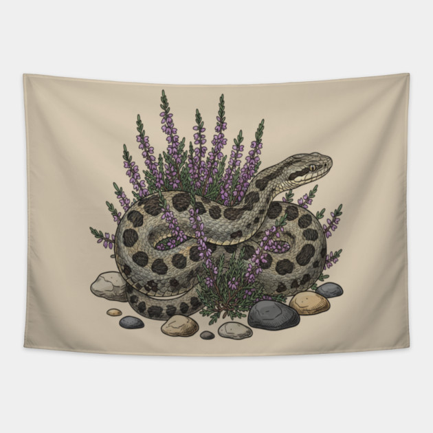 Adder Among Heather and Rocks Artwork Tapestry by BirdsnStuff