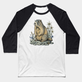 Alpine Marmot with Mountain Flowers Baseball T-Shirt