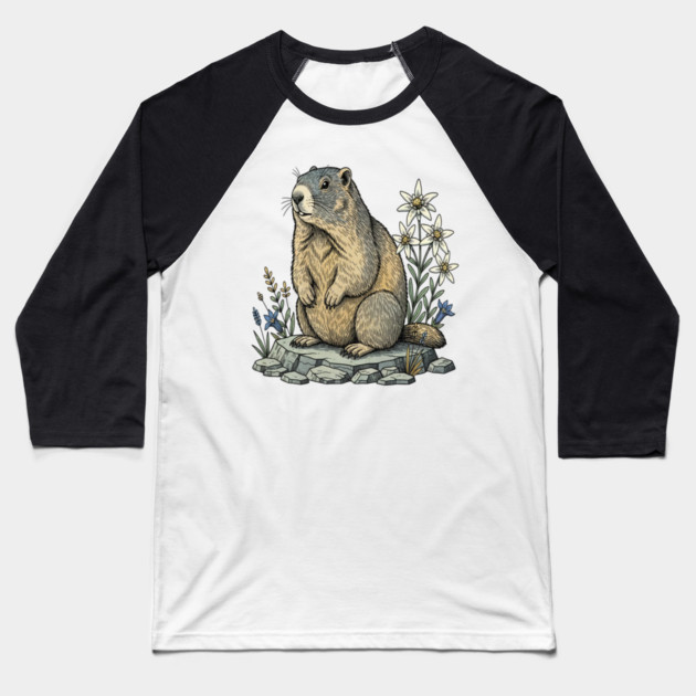 Alpine Marmot with Mountain Flowers Baseball T-Shirt by BirdsnStuff