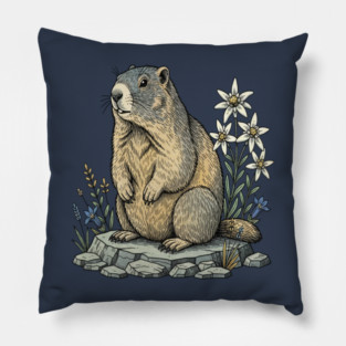 Alpine Marmot with Mountain Flowers Pillow