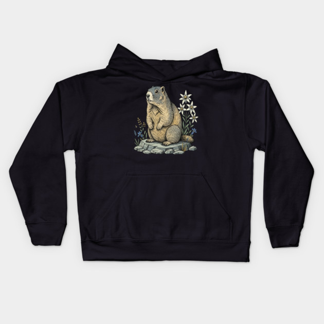 Alpine Marmot with Mountain Flowers Kids Hoodie by BirdsnStuff