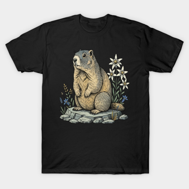 Alpine Marmot with Mountain Flowers T-Shirt by BirdsnStuff