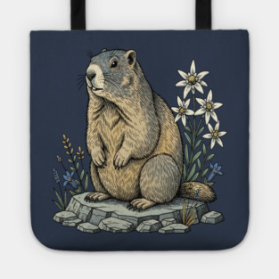 Alpine Marmot with Mountain Flowers Tote