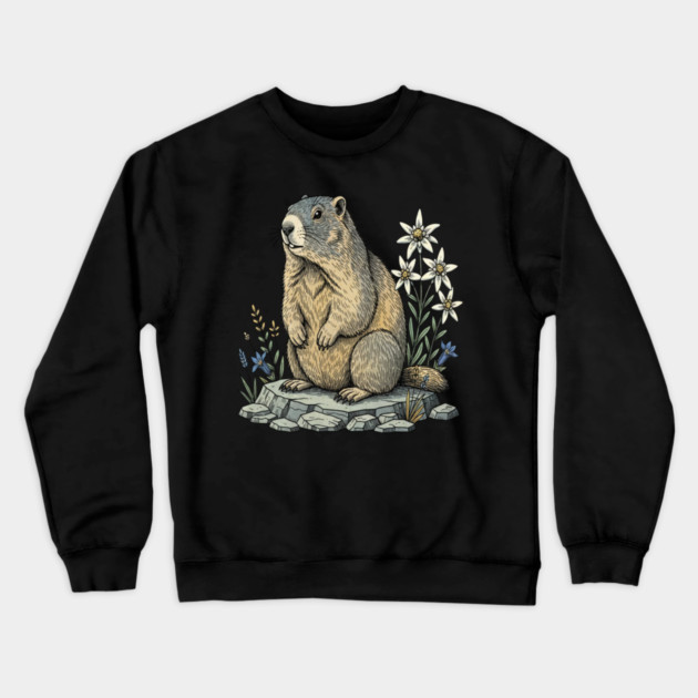 Alpine Marmot with Mountain Flowers Crewneck Sweatshirt by BirdsnStuff