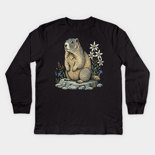 Alpine Marmot with Mountain Flowers Kids Long Sleeve T-Shirt by BirdsnStuff