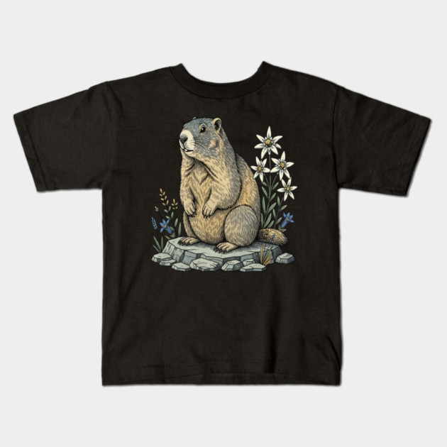 Alpine Marmot with Mountain Flowers Kids T-Shirt by BirdsnStuff