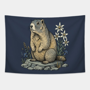 Alpine Marmot with Mountain Flowers Tapestry