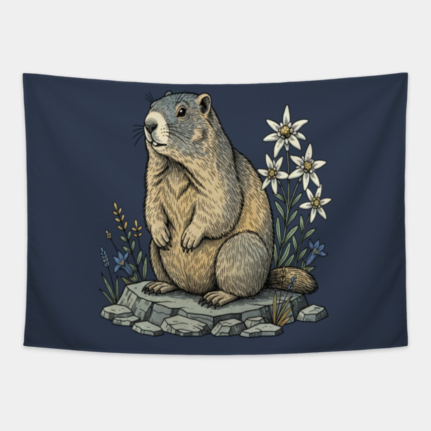 Alpine Marmot with Mountain Flowers Tapestry by BirdsnStuff