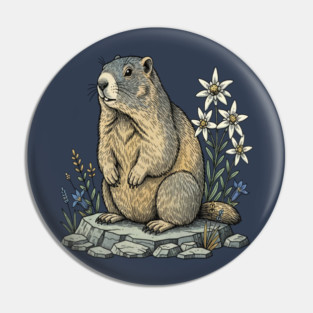 Alpine Marmot with Mountain Flowers Pin