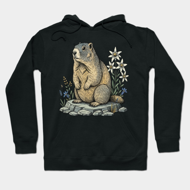 Alpine Marmot with Mountain Flowers Hoodie by BirdsnStuff
