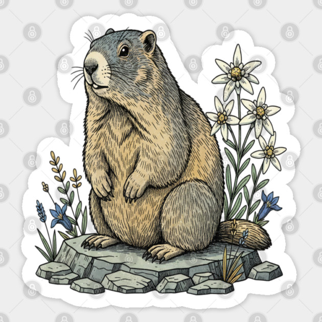 Alpine Marmot with Mountain Flowers Sticker by BirdsnStuff