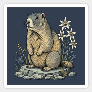 Alpine Marmot with Mountain Flowers Magnet