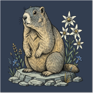 Alpine Marmot with Mountain Flowers Posters and Art