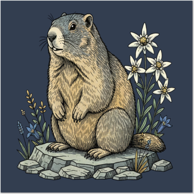 Alpine Marmot with Mountain Flowers Wall Art by BirdsnStuff
