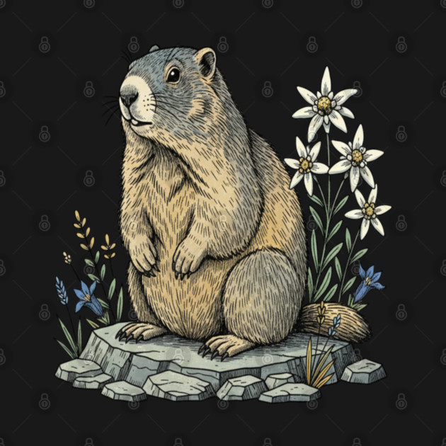 Alpine Marmot with Mountain Flowers by BirdsnStuff