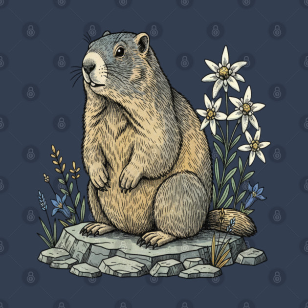 Alpine Marmot with Mountain Flowers by BirdsnStuff