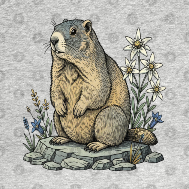 Alpine Marmot with Mountain Flowers by BirdsnStuff