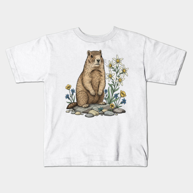 Alpine Marmot with Edelweiss Flowers Kids T-Shirt by BirdsnStuff