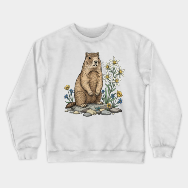 Alpine Marmot with Edelweiss Flowers Crewneck Sweatshirt by BirdsnStuff