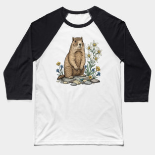 Alpine Marmot with Edelweiss Flowers Baseball T-Shirt