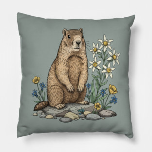 Alpine Marmot with Edelweiss Flowers Pillow