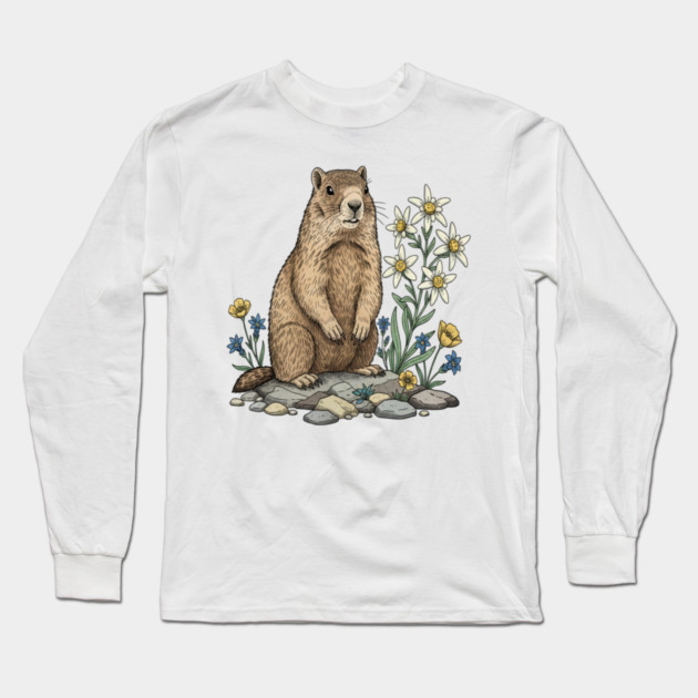 Alpine Marmot with Edelweiss Flowers Long Sleeve T-Shirt by BirdsnStuff