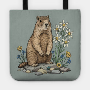 Alpine Marmot with Edelweiss Flowers Tote