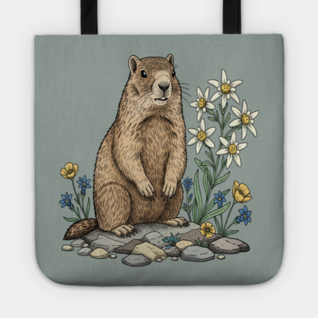 Alpine Marmot with Edelweiss Flowers Tote by BirdsnStuff