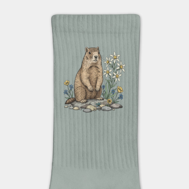 Alpine Marmot with Edelweiss Flowers by BirdsnStuff