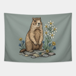 Alpine Marmot with Edelweiss Flowers Tapestry