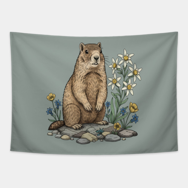 Alpine Marmot with Edelweiss Flowers Tapestry by BirdsnStuff